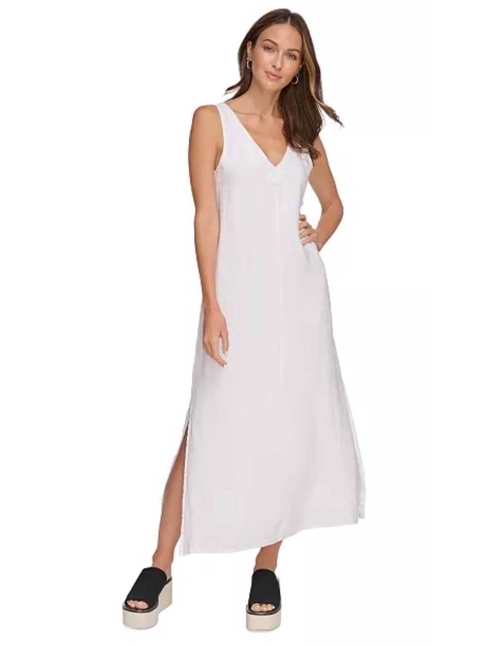 NWT DKNY Sleeveless White V-neck Linen Maxi Dress - Size Small